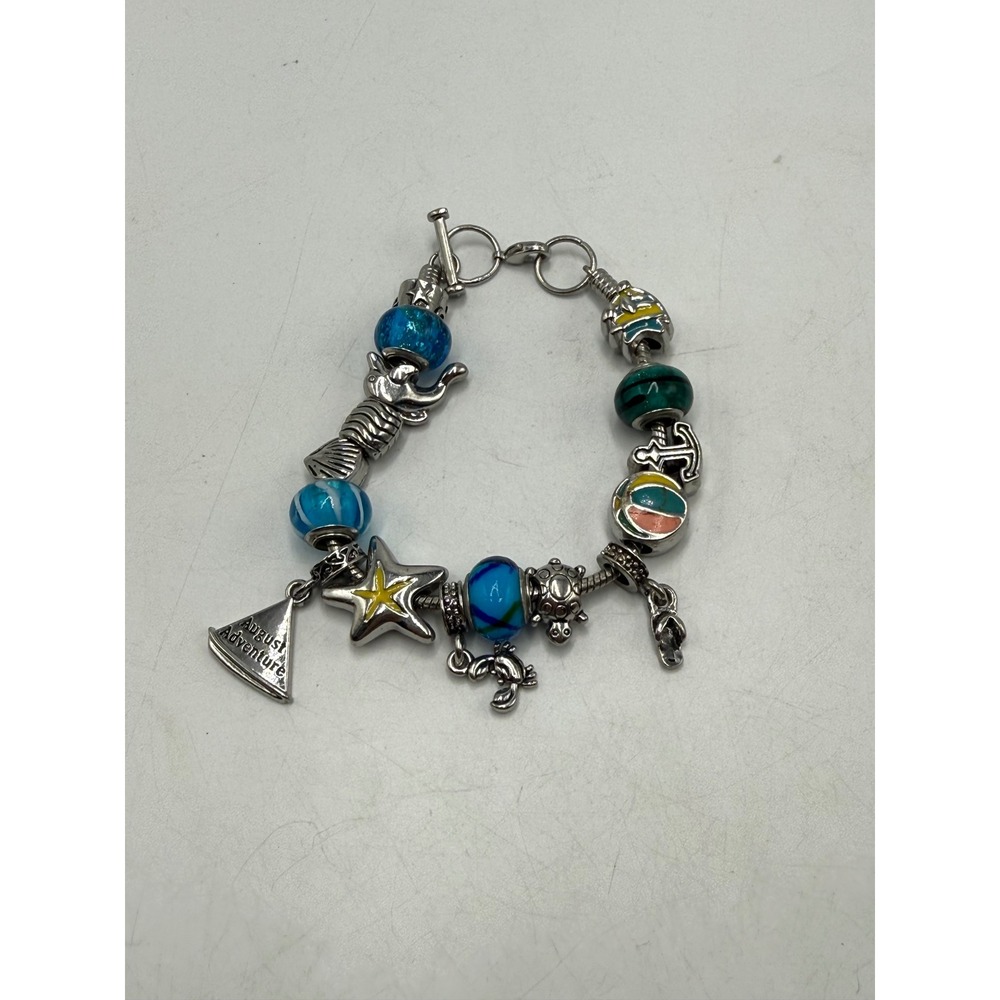 August Adventure Nautical Charm Bracelet Silver Tone Glass Beads Ocean Theme 8.5